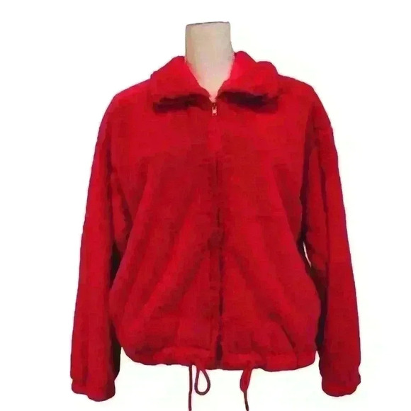 Paper Crane Plush Red Zip Up Jacket Drawstring Waist Size Medium - Picture 1 of 9